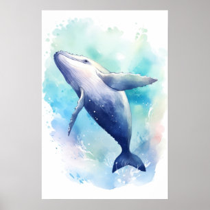 Vattenfärgsval Whale Sketch. Liten Poster