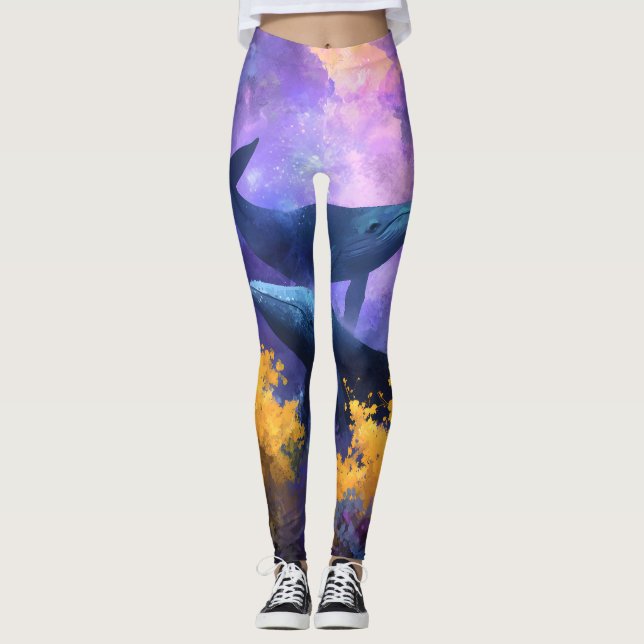 Vattenfärgsvalar, Abstrakt Ocean Garden Leggings (Framsida)