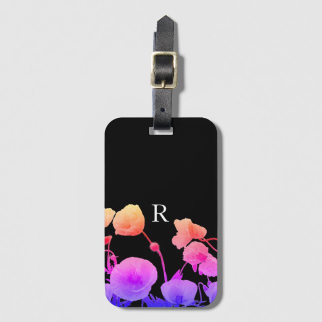 Vattenfärgsvallmoblomma Neon Rosa Monogram Initial Bagagebricka (Framsida vertikal)