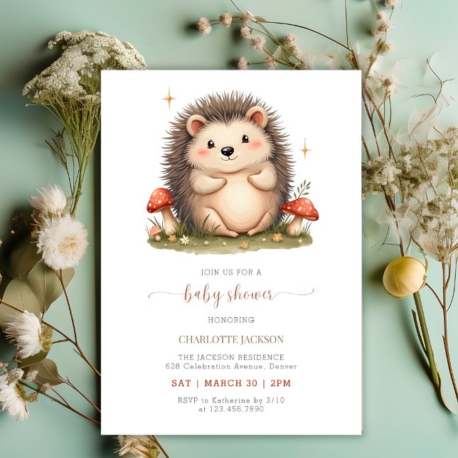 Vattenfärgsvampar Cute Hedgehog Baby Shower Inbjudningar (Watercolor Mushrooms Cute Hedgehog Baby Shower Invitation)