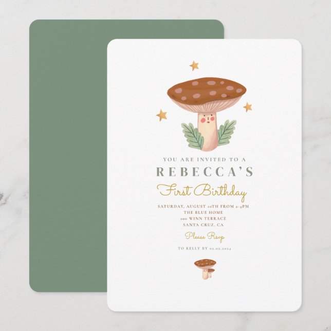 Vattenfärgsvampar Första födelsedagsinbjudan Inbjudningar (Fram/baksida)