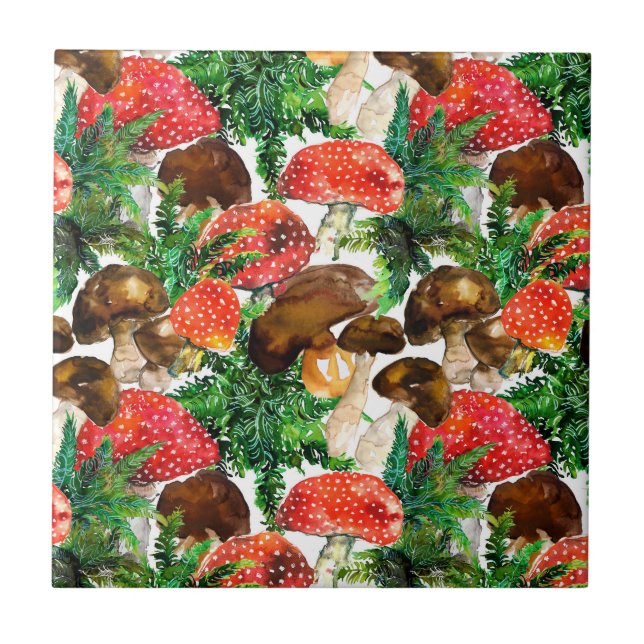 Vattenfärgsvampar och grönt på mönster kakelplatta (Framsidan)