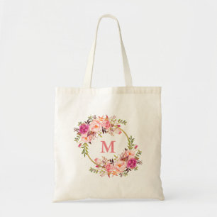 Vattenfärgsvätska Rosa Blommigt Utandning Monogram Tygkasse