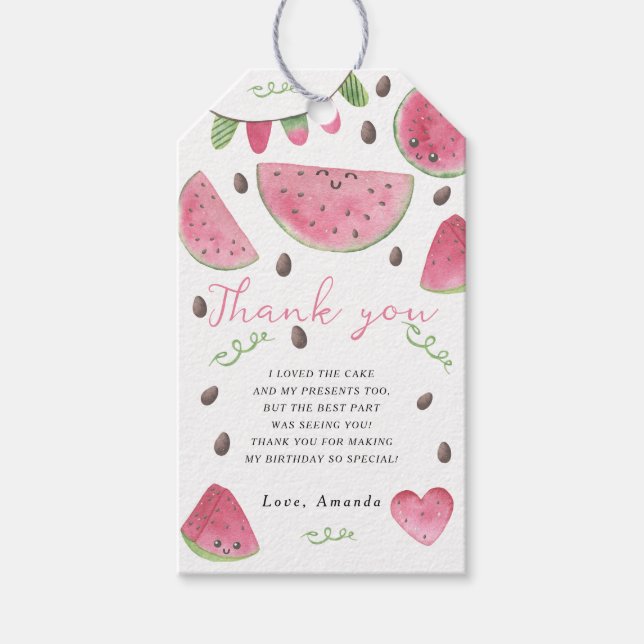 Vattenfärgsvattenmeloner, födelsedagsfest tack presentetikett (Framsidan)