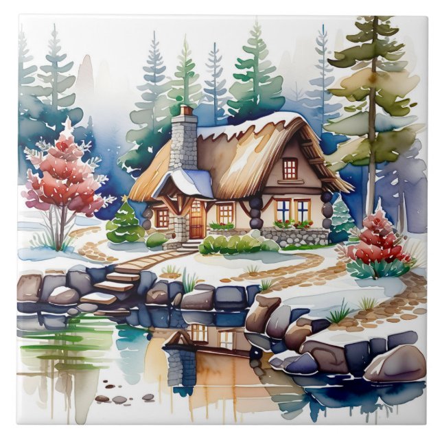 Vattenfärgsverk av en stuga i Skogen Kakelplatta (Framsidan)