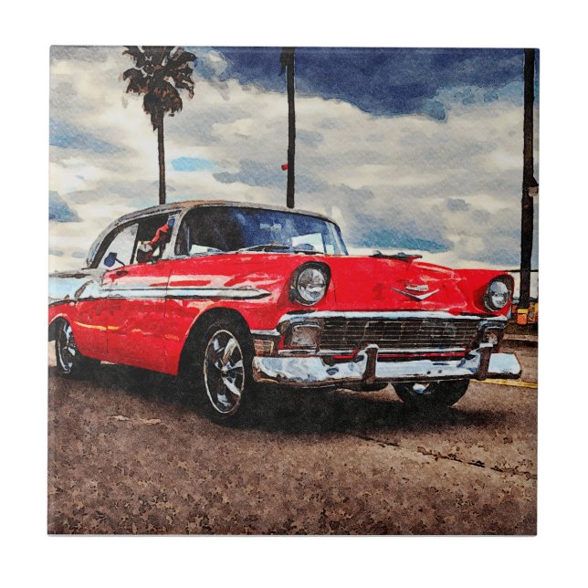 Vattenfärgsverk från 1956 Chevrolet Bel Luft Kakelplatta (Framsidan)
