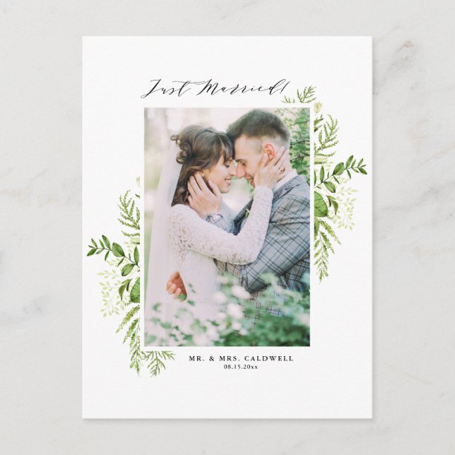 VattenfärgsVild Foliage Ram Photo Ny gifta Meddelande Vykort (Framsida)