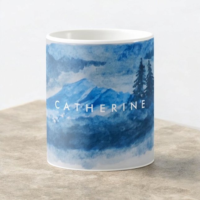 Vattenfärgsvinterberg liggande målning kaffemugg (Skapare uppladdad)