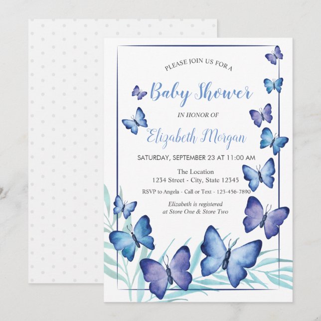 Vattenfärgsviolett Butterflies Dots Baby Shower Inbjudningar (Fram/baksida)