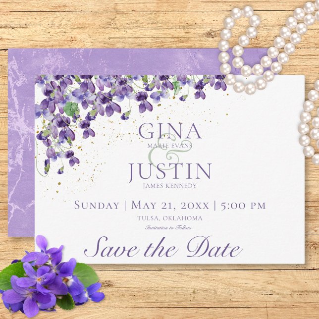 Vattenfärgsvioletta Bröllop Spara Datumet (Watercolor Violets Wedding Save The Date)