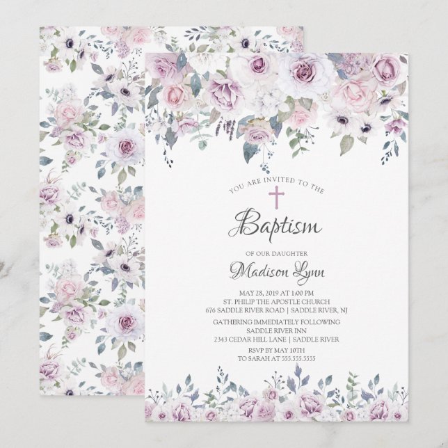 Vattenfärgsviolettblommor, baptism inbjudningar (Fram/baksida)