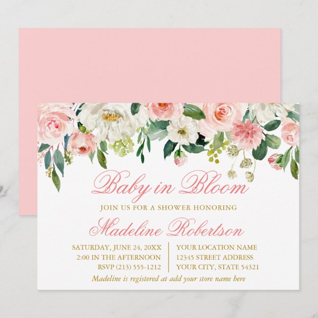 Vattenfärgsvit Blommigt Baby i Rosa i blodomställn Inbjudningar (Fram/baksida)