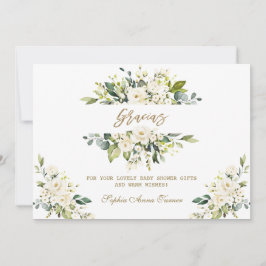 Vattenfärgsvit Blommigt Guld Gracias Baby Shower Tack Kort