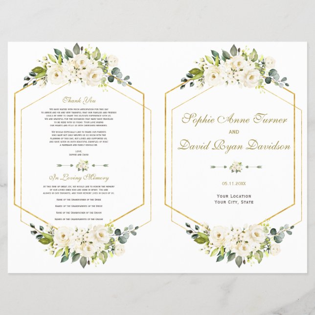 Vattenfärgsvit Blommigt Guld Ram Bröllopsprogram (Framsidan)