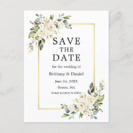 Vattenfärgsvit Blommigt Guld Spara datum Vykort