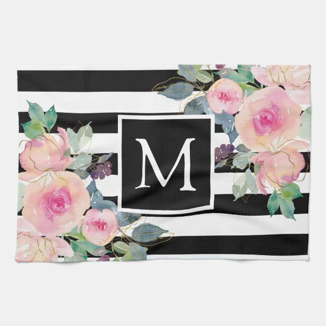 Vattenfärgsvit Blommigt Rand Namn Rosa Black White Kökshandduk (Horisontell)