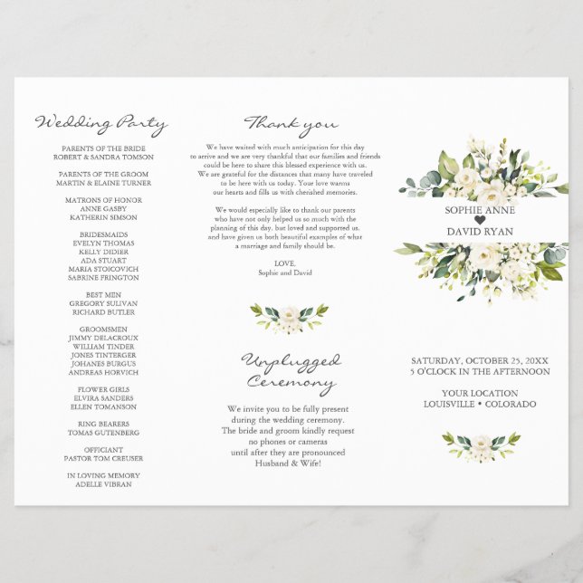 Vattenfärgsvit blommor, Bröllopsprogrammet Tri+Fol Reklamblad (Framsidan)