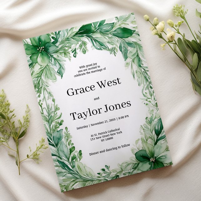 Vattenfärgsvit grönt elfenben blommigt Bröllop Inbjudningar (Watercolor white forest green ivory floral Wedding )