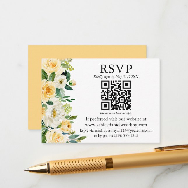 Vattenfärgsvit Gult Blommigt QR OSA Bröllop Tilläggskort (Fram/Back In Situ)