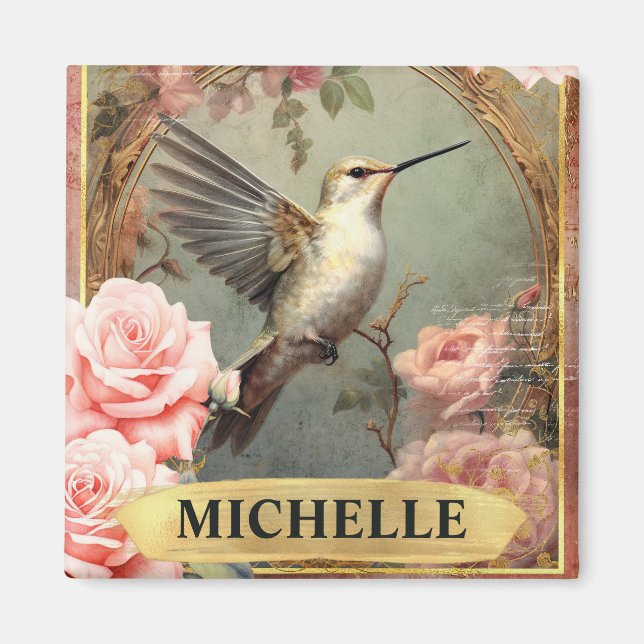 Vattenfärgsvit Hummingbird & Rosa ros Vintage Magnet (Framsidan)