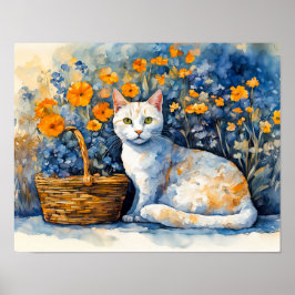 Vattenfärgsvit katt i Flower Basket Poster