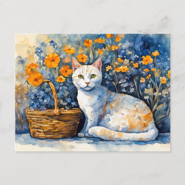 Vattenfärgsvit katt i Flower Basket Vykort (Framsida)