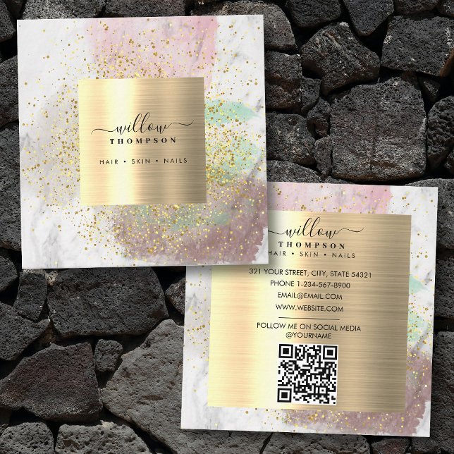 Vattenfärgsvit marble Faux Guld Glitter QR-kod Fyrkantigt Visitkort (Watercolor White Marble Faux Gold Glitter QR Code Square Business Card)
