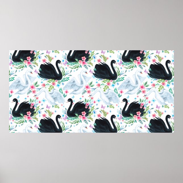 Vattenfärgsvit och svart svan sjö sömlös platta poster (Framsidan)