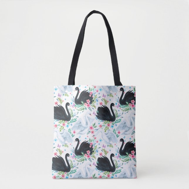 Vattenfärgsvit och svart svan sjö sömlös platta tygkasse (Framsida)