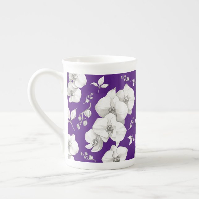 Vattenfärgsvit orchid på Lila | Benporslin Mugg (Vänster)