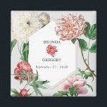 Vattenfärgsvit Rosa Blommor Bröllop Magnet<br><div class="desc">Ett vackert vattenfärgsmönster med rosa och vit blomma med bröllop med guld geometriskt ram. En unik utformning som användor vintagar botaniska blommigtar i rosa och vita färg-toner. En blommigt för rosa av elegant och vita kronor med ett grönt streck. Ett chic guld-geometriskt ram-bröllop främjar magnetdesign med modernt inslag. Det finns...</div>
