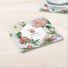 Vattenfärgsvit Rosa Blommor Bröllop Underlägg Papper Kvadrat