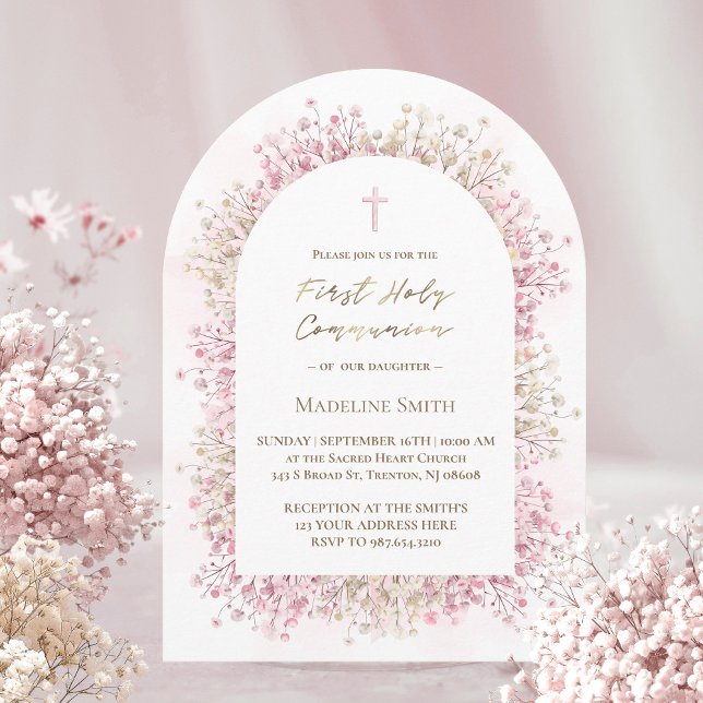 Vattenfärgsvit rosa blommor Första kommunen Inbjudningar (Skapare uppladdad)