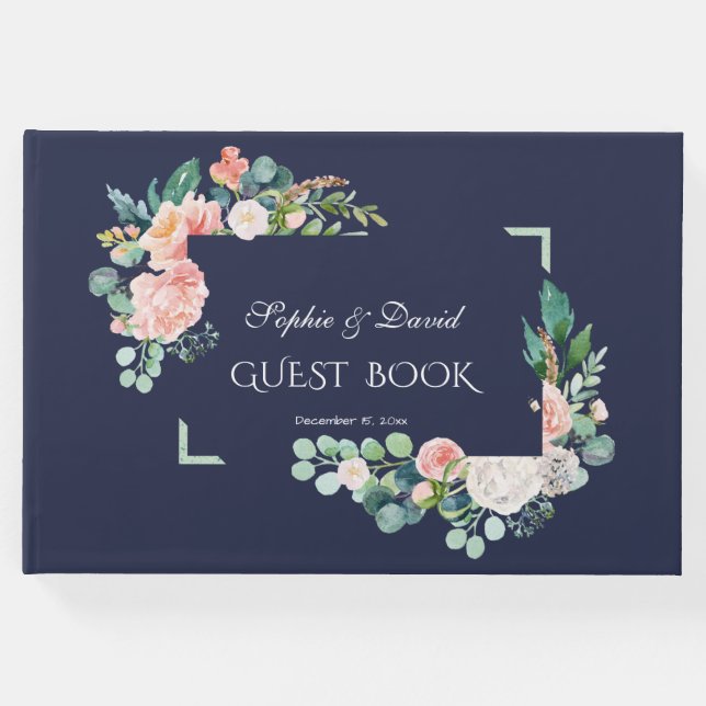 Vattenfärgsvit Rosa Blommor Grönt Ram Bröllop Gästböcker (Framsida)