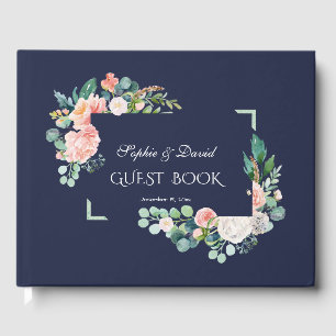 Vattenfärgsvit Rosa Blommor Grönt Ram Bröllop Gästböcker