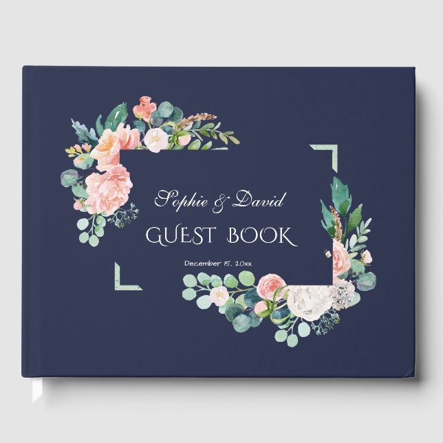 Vattenfärgsvit Rosa Blommor Grönt Ram Bröllop Gästböcker (Framsida)