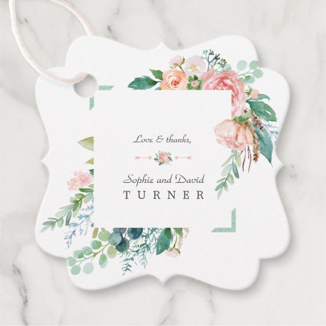 Vattenfärgsvit Rosa Blommor Grönt Ram Bröllop Gåvor Etiketter (Framsida)