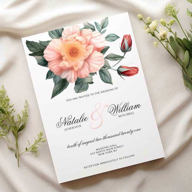 Vattenfärgsvit  rosa grönt blommigt bröllop inbjudningar (Watercolor white blush pink green floral wedding)