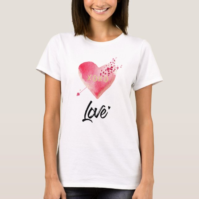 *~* Vattenfärgsvit Rosa Heart & Pil Women White T Shirt (Framsida)