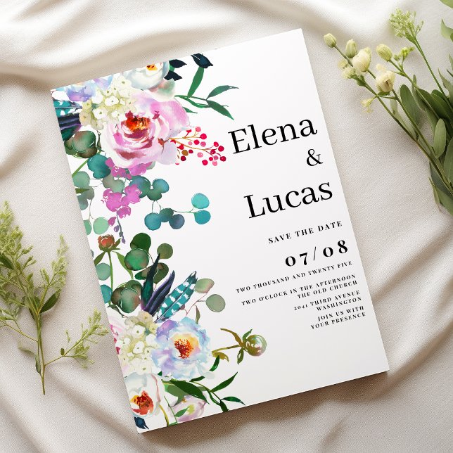 Vattenfärgsvit rosa mint peony blommigt bröllop inbjudningar (Watercolor white pink mint peony floral wedding)