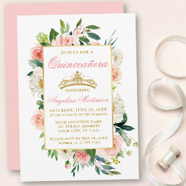 Vattenfärgsvit Rosa Vit Blommigt Guld Quinceanera Inbjudningar