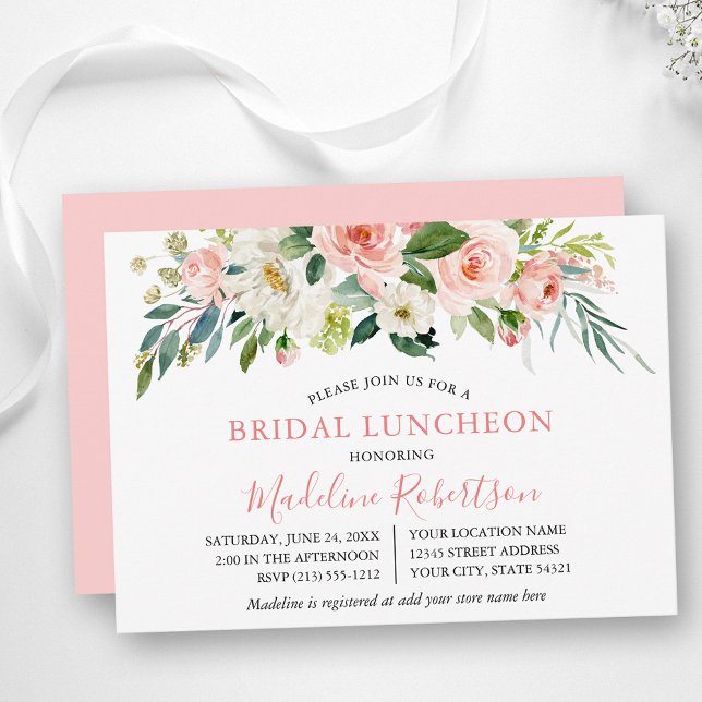 Vattenfärgsvit Rosa Vit Blommigt Möhippa Lunch Inbjudningar (Customize to change text color, text style or color of back of card.)