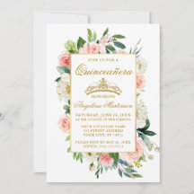 Vattenfärgsvit Rosa Vit Blommigt Quinceanera Guld
