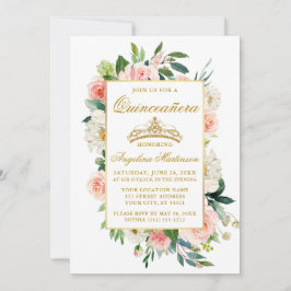 Vattenfärgsvit Rosa Vit Blommigt Quinceanera Guld Inbjudningar