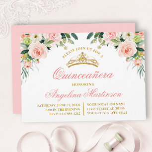 Vattenfärgsvit Rosa Vit Blommigt Quinceanera Party Inbjudningar