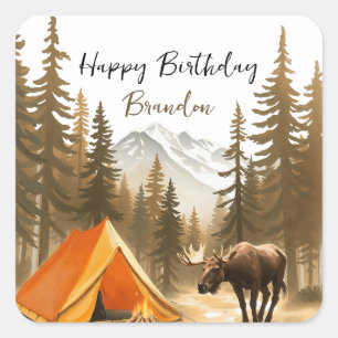 Vattenfärgsvit Rustic Woodland Camping Birthday Fyrkantigt Klistermärke