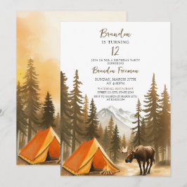 Vattenfärgsvit Rustic Woodland Camping Birthday Inbjudningar