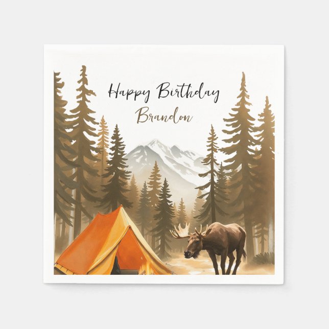 Vattenfärgsvit Rustic Woodland Camping Birthday Pappersservett (Framsidan)