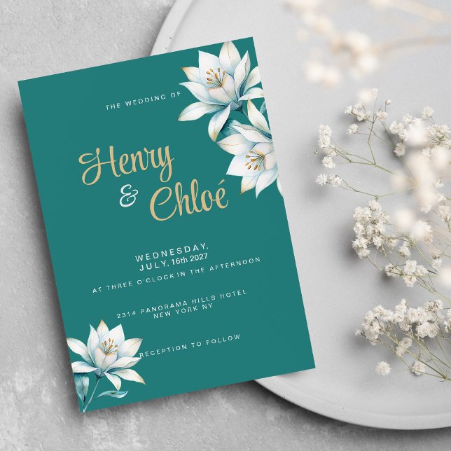 Vattenfärgsvit teal guld lily blommigt Bröllop Inbjudningar (Watercolor white teal gold lily floral Wedding )
