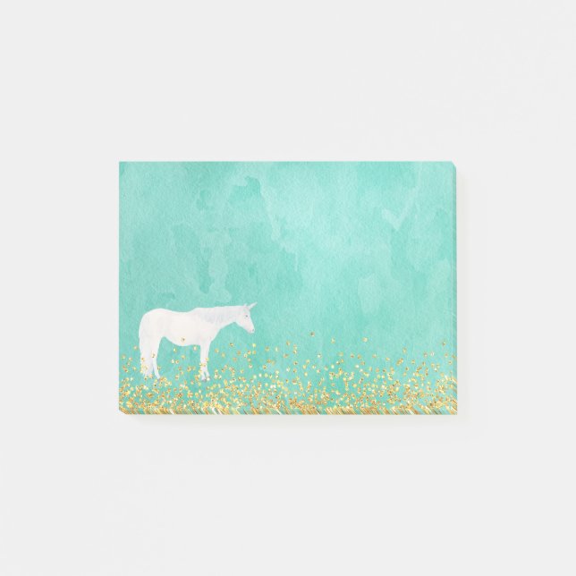 Vattenfärgsvit Unicorn Spearmint Guld-konfetti Post-it Block (Framsida)